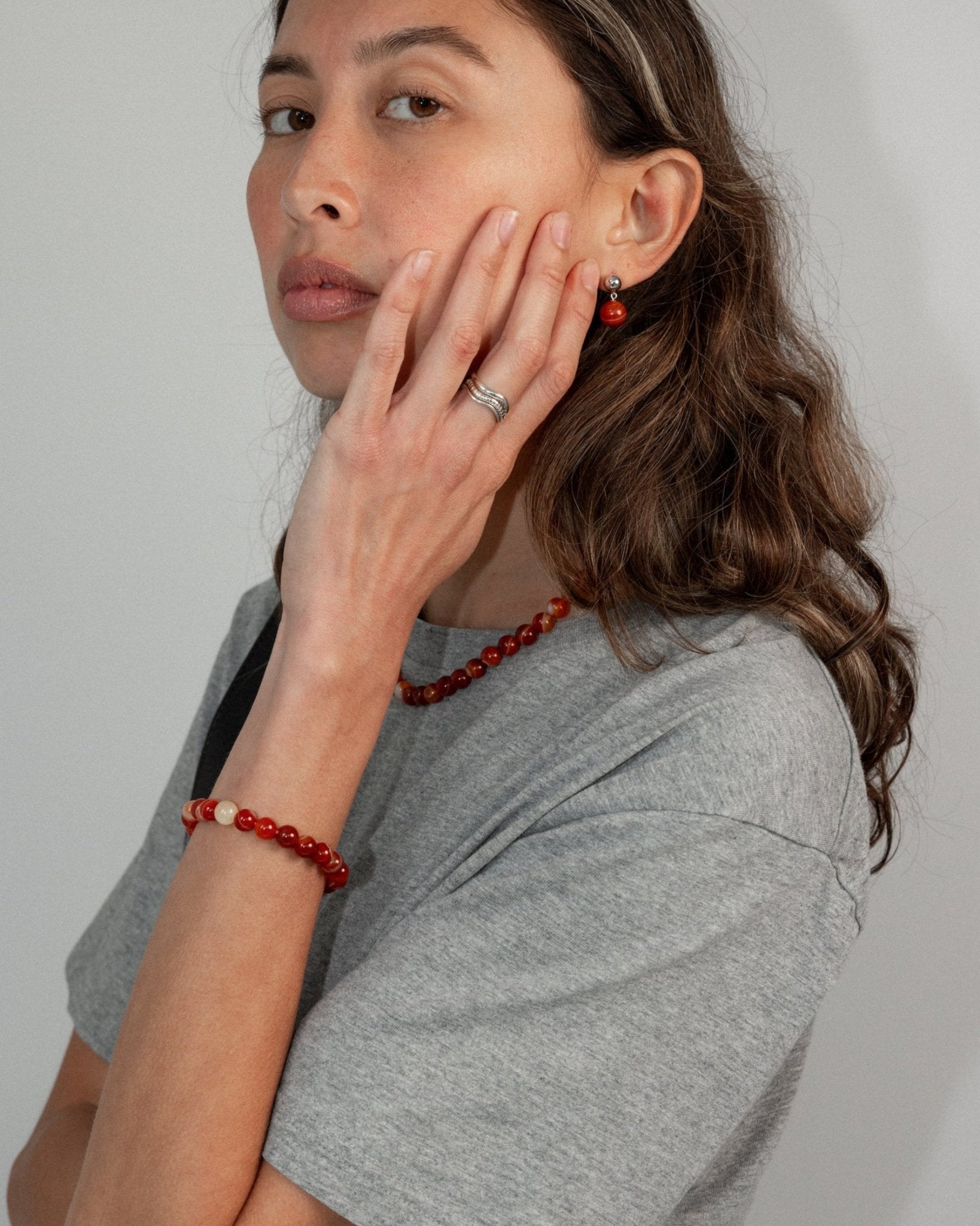 'Agnes' Red Agate Bead Bracelet - Lines & Current