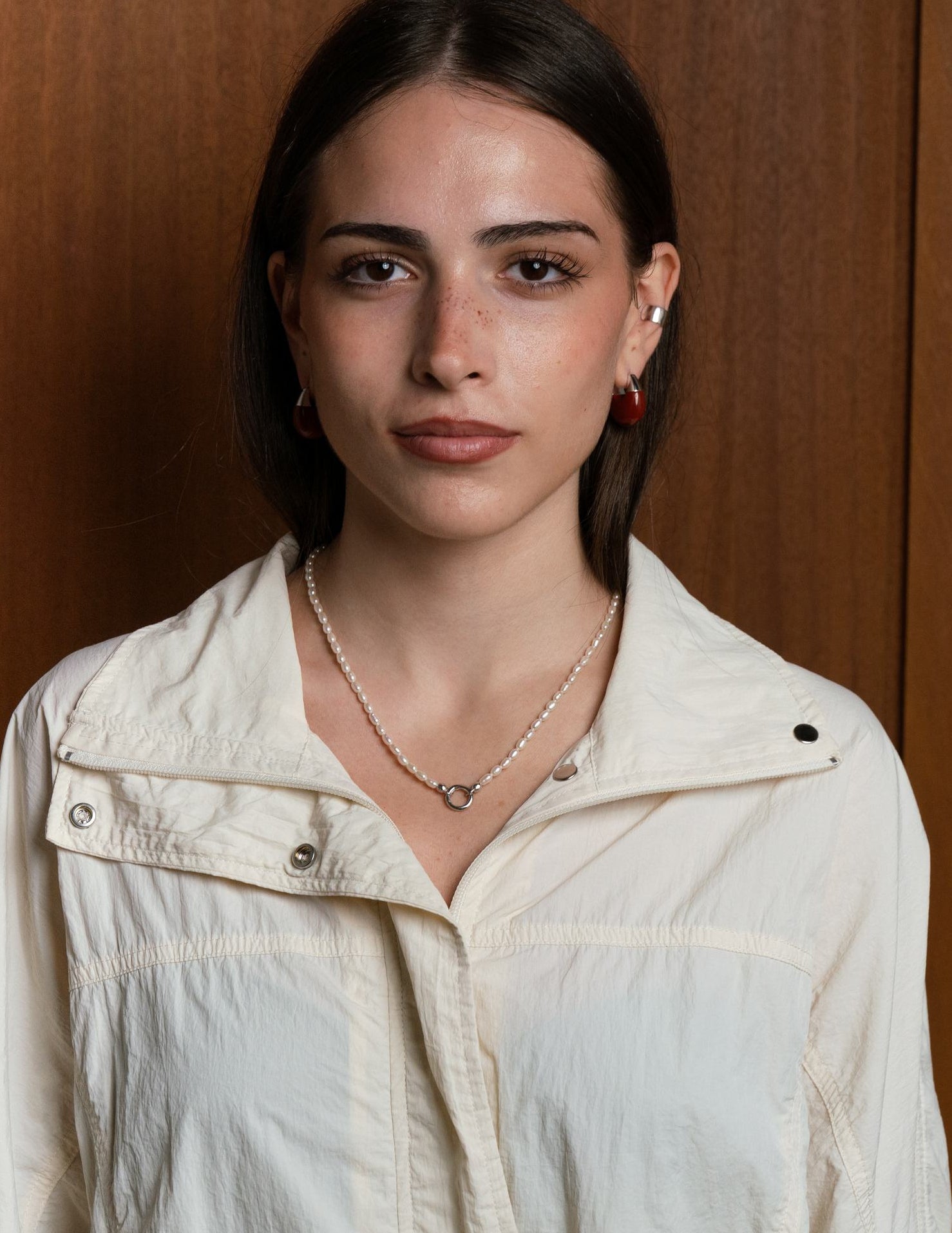 Mother of pearl charm holding necklace with central charm holder in 18k gold plating or rhodium plated silver