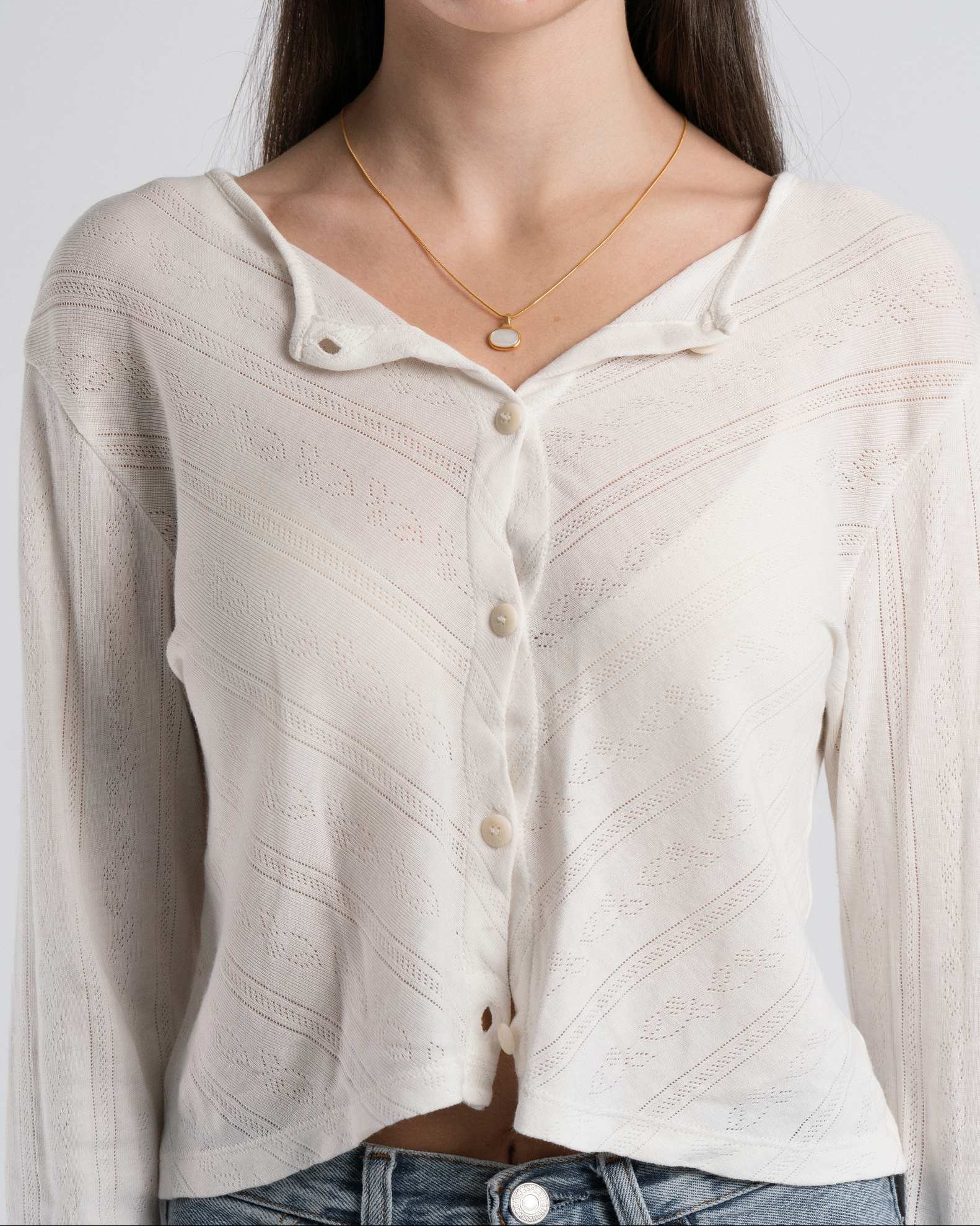 Sigrid oval necklace, sideways shell cabochon on fine snake chain, rhodium or 18k gold plating.