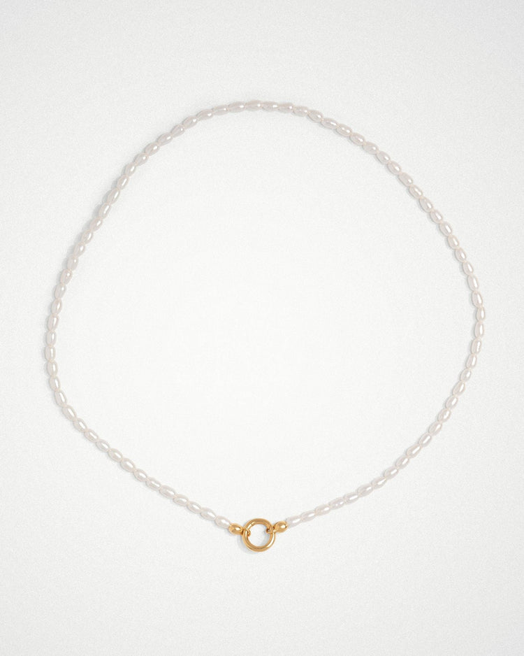 Mother of pearl charm holding necklace with central charm holder in 18k gold plating or rhodium plated silver