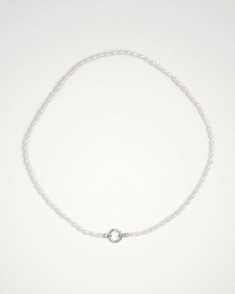 Mother of pearl charm holding necklace with central charm holder in 18k gold plating or rhodium plated silver