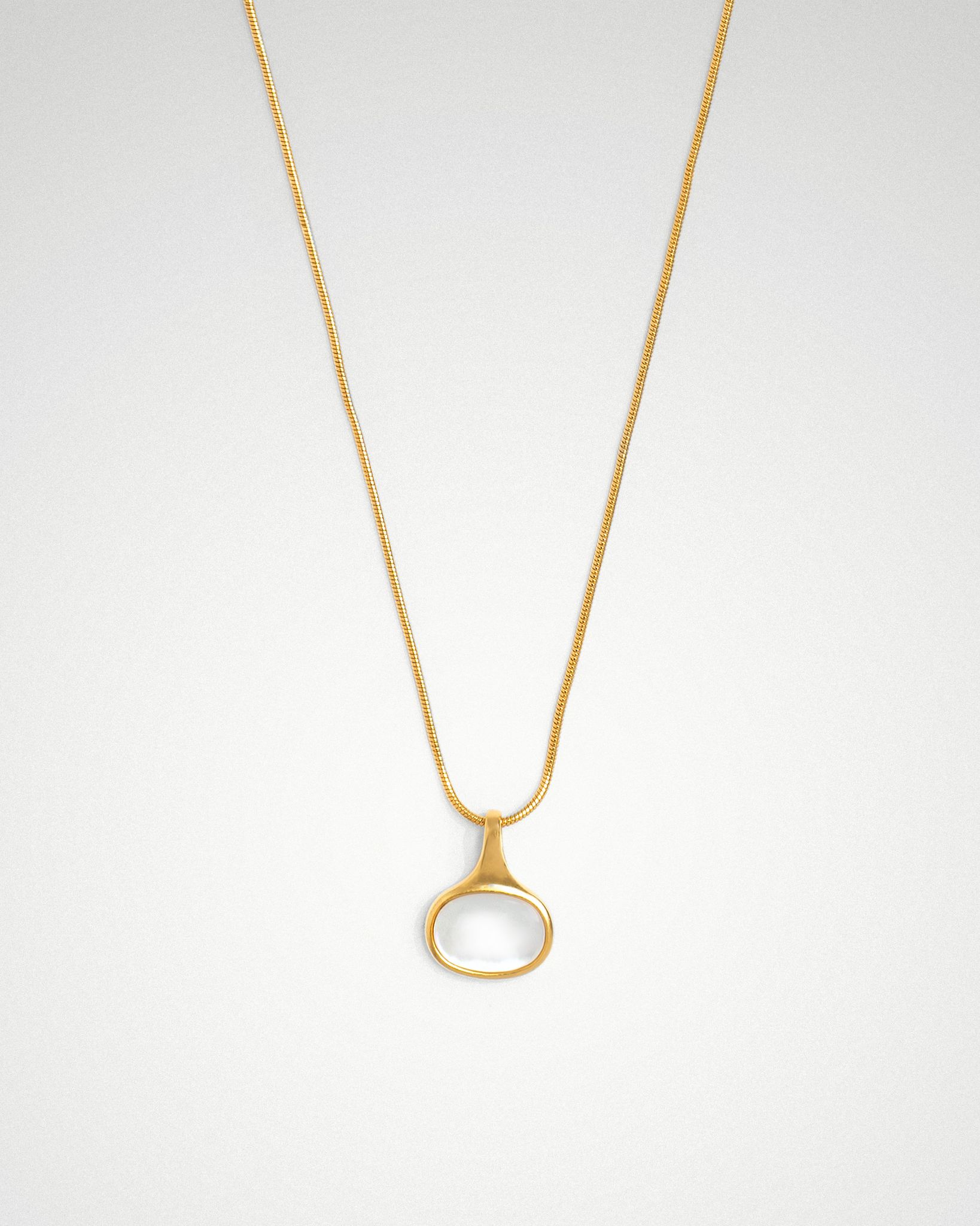 Sigrid oval necklace, sideways shell cabochon on fine snake chain, rhodium or 18k gold plating.