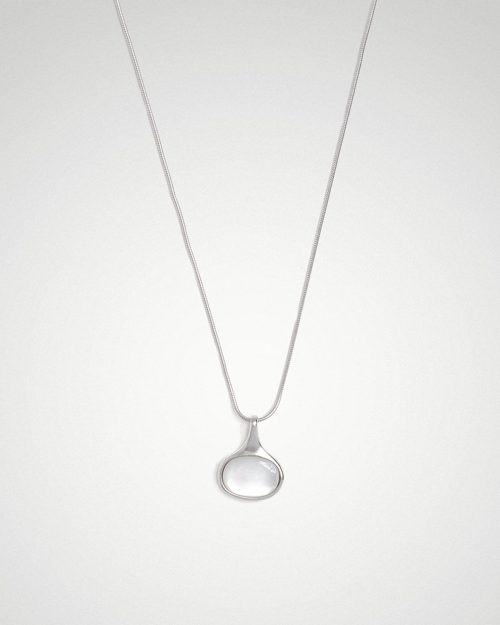 Sigrid oval necklace, sideways shell cabochon on fine snake chain, rhodium or 18k gold plating.