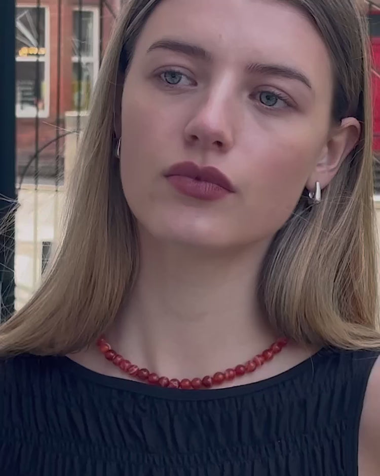 'Agnes' Red Agate Bead Necklace - Lines & Current