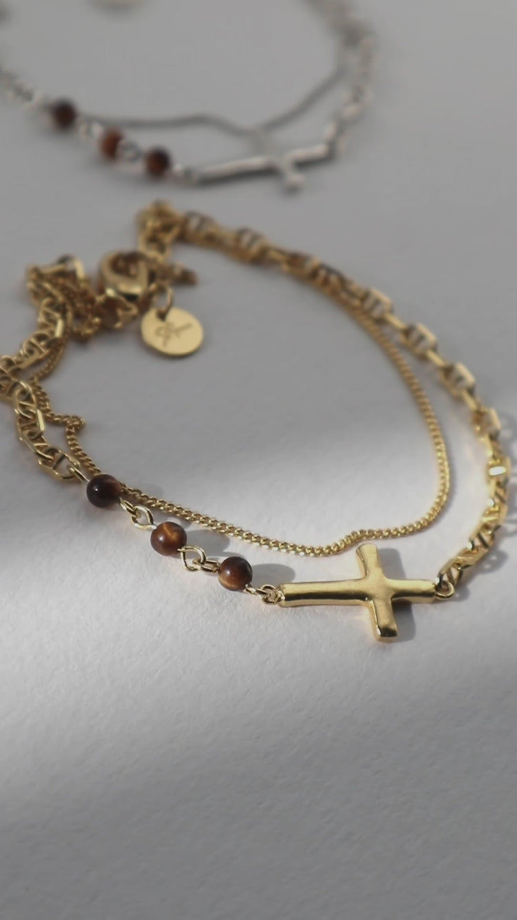 Cross + 'Tiger's Eye' Bracelet
