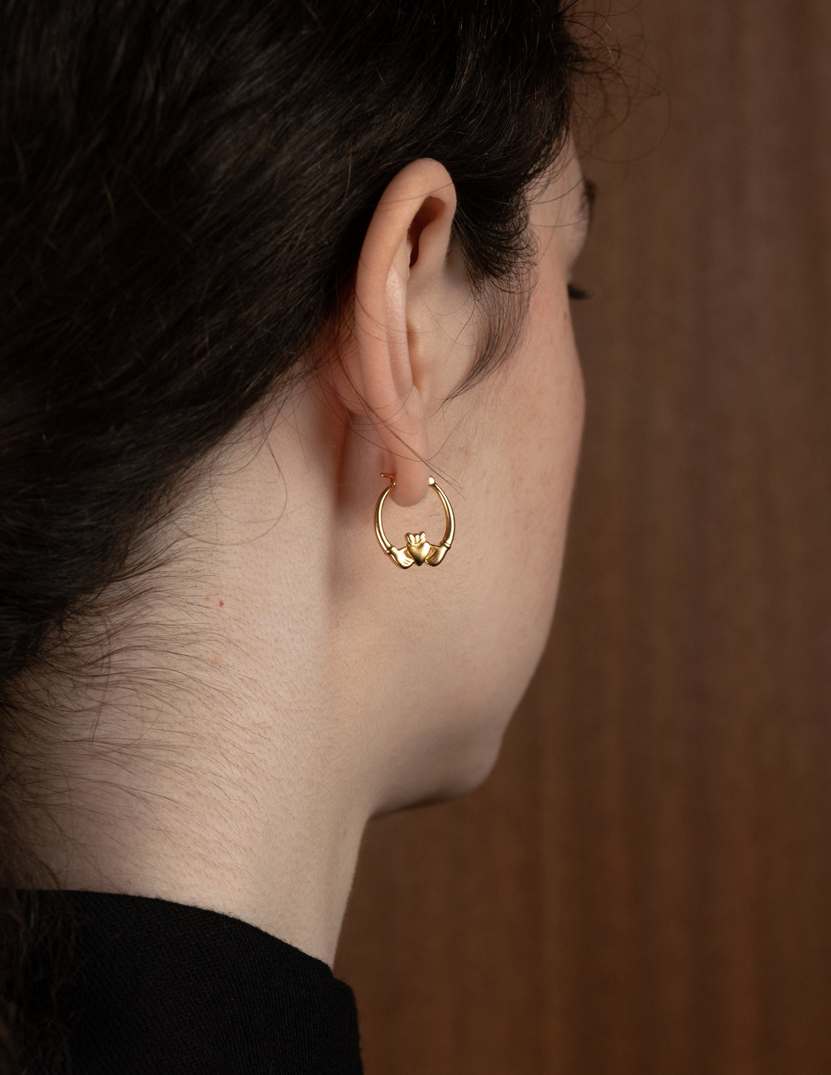 18k gold-plated mid Claddagh hoop earrings and Claddagh ring by Lines &amp; Current