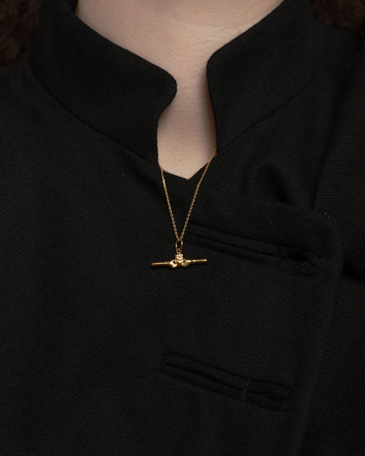 18k gold-plated Claddagh hoops and bar necklace by Lines & Current