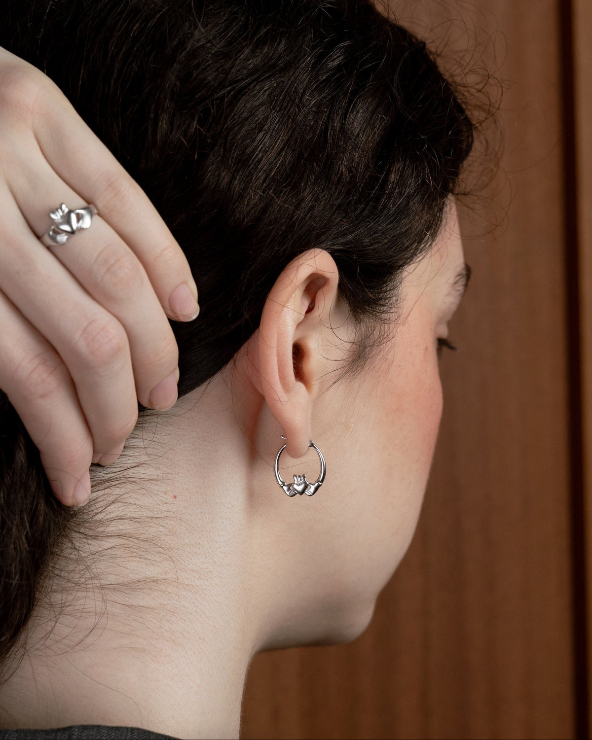 Sterling silver mid Claddagh hoop earrings and Claddagh ring by Lines &amp; Current