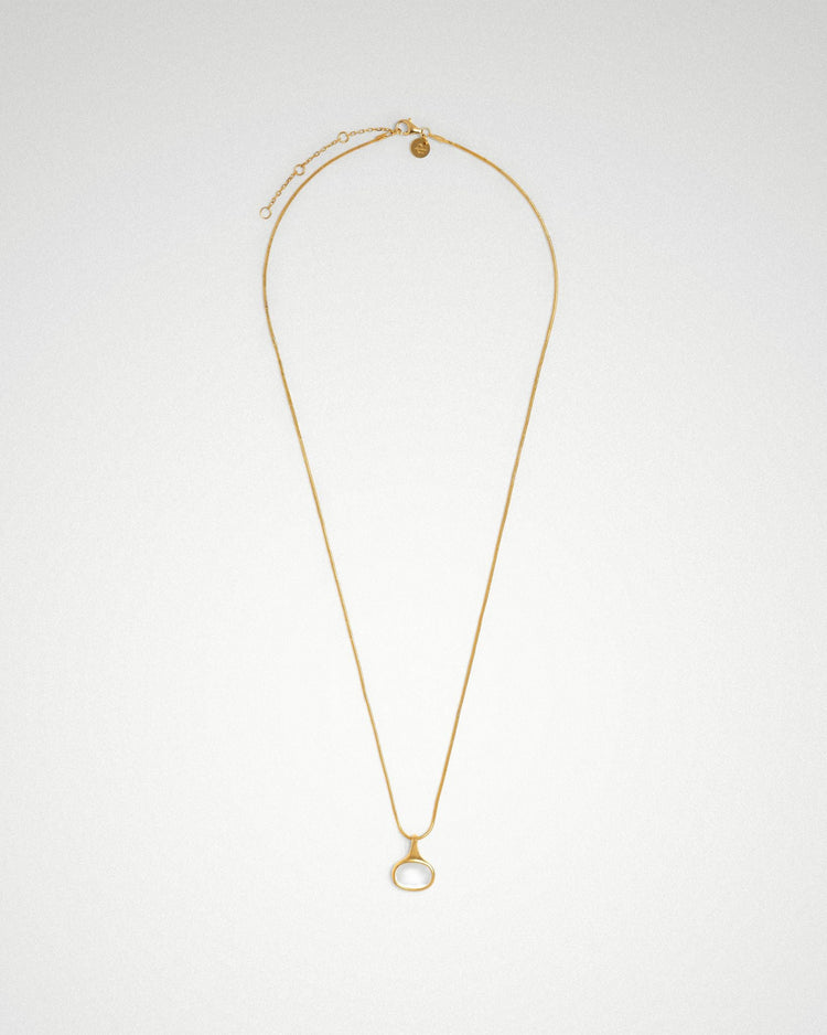 Sigrid oval necklace, sideways shell cabochon on fine snake chain, rhodium or 18k gold plating.