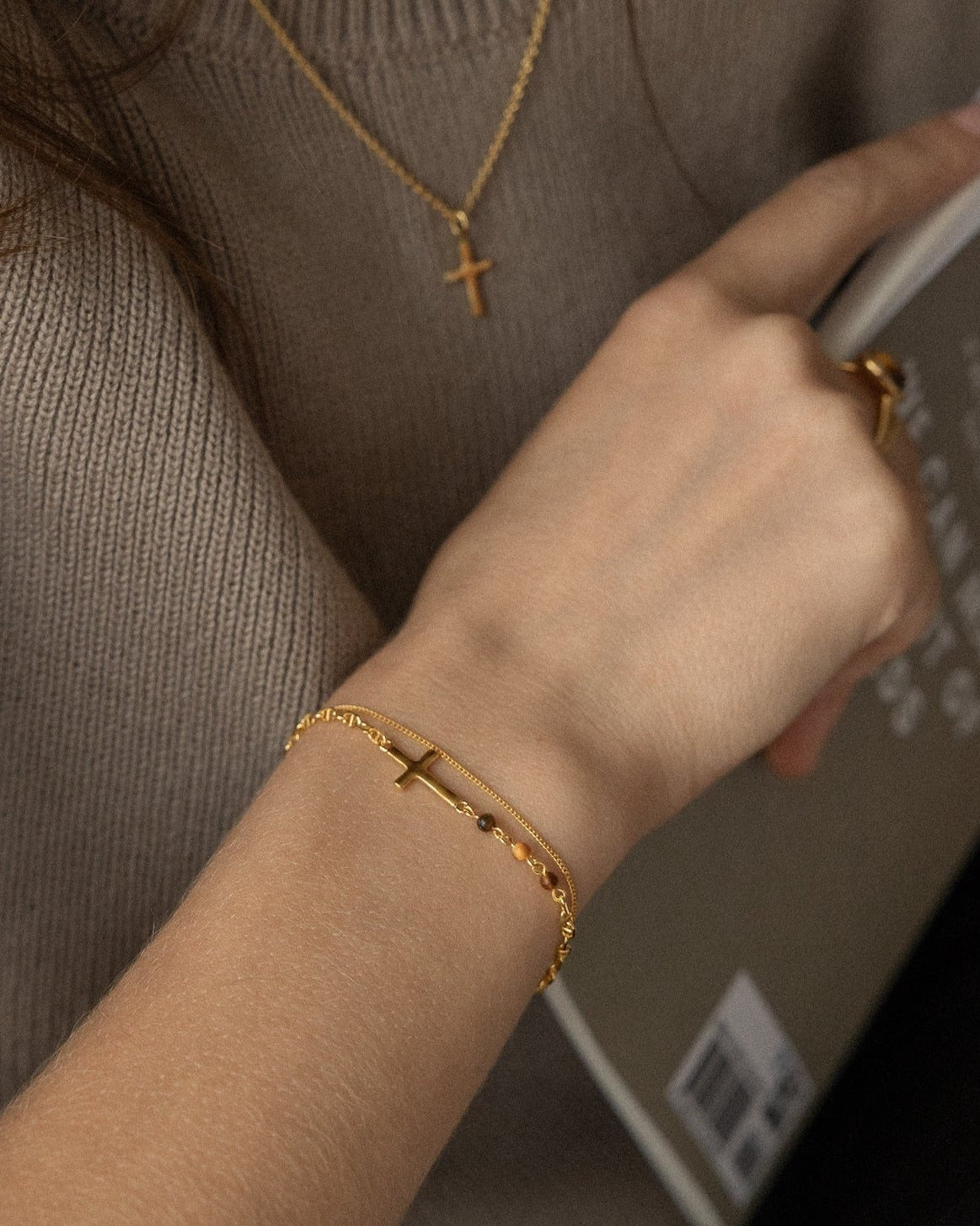 Cross + 'Tiger's Eye' Bracelet