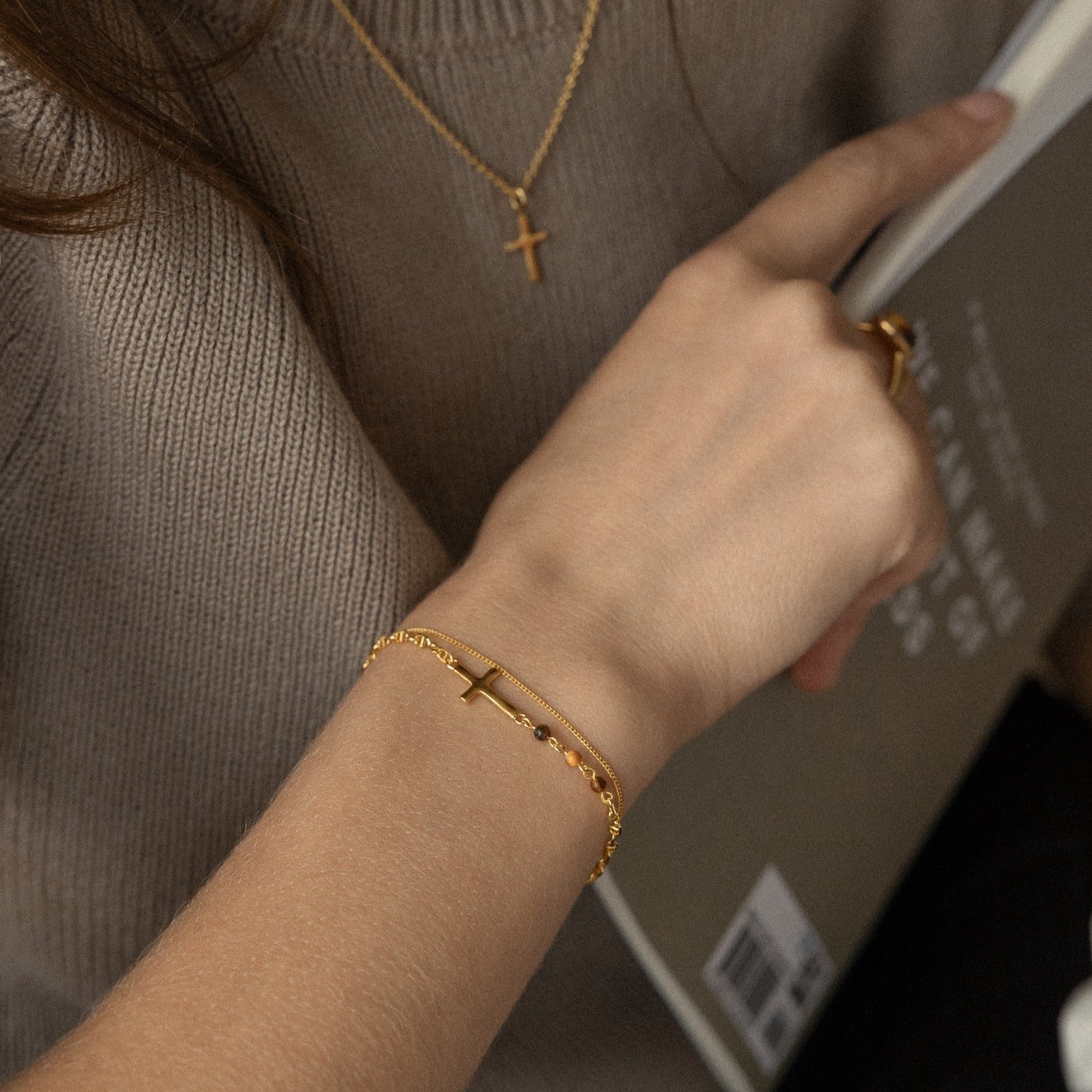 Cross + 'Tiger's Eye' Bracelet - Lines & Current