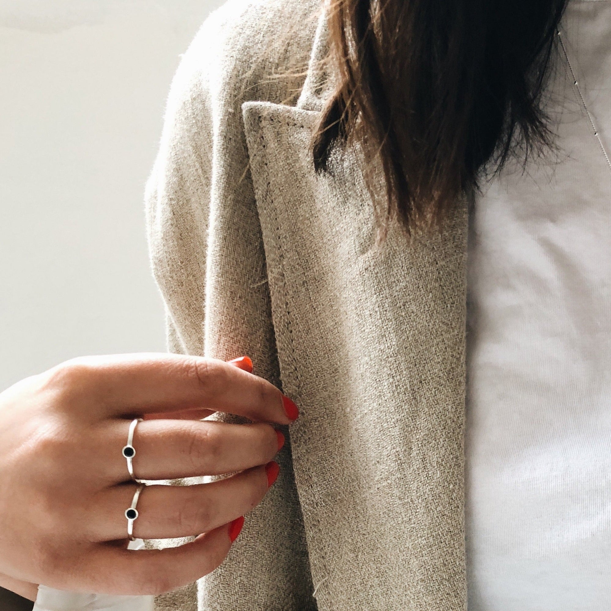 Mona Ring with Small Black Stone | Sterling Silver &amp; 18K Gold-Pated - Lines &amp; Current