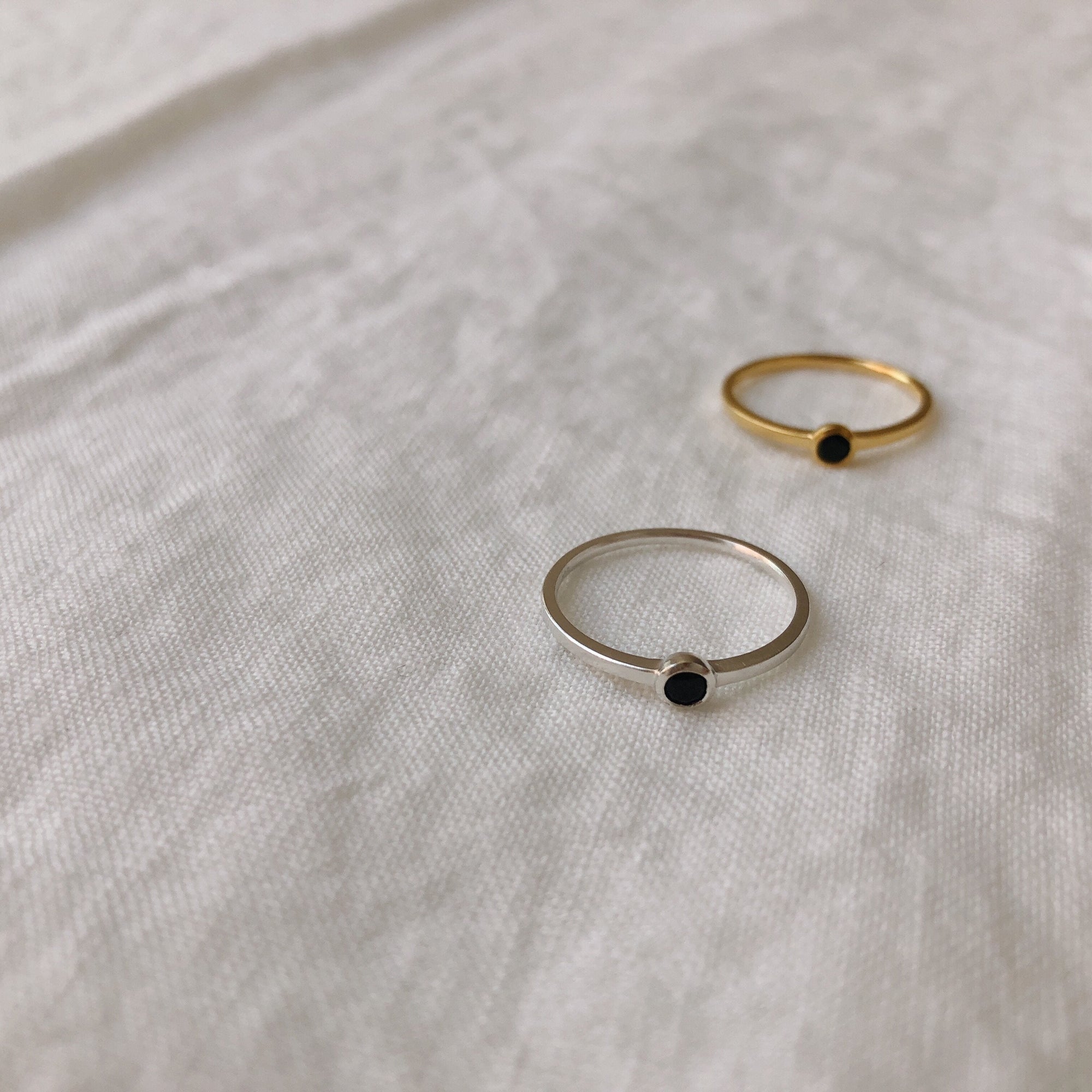 Mona Ring with Small Black Stone | Sterling Silver &amp; 18K Gold-Pated - Lines &amp; Current