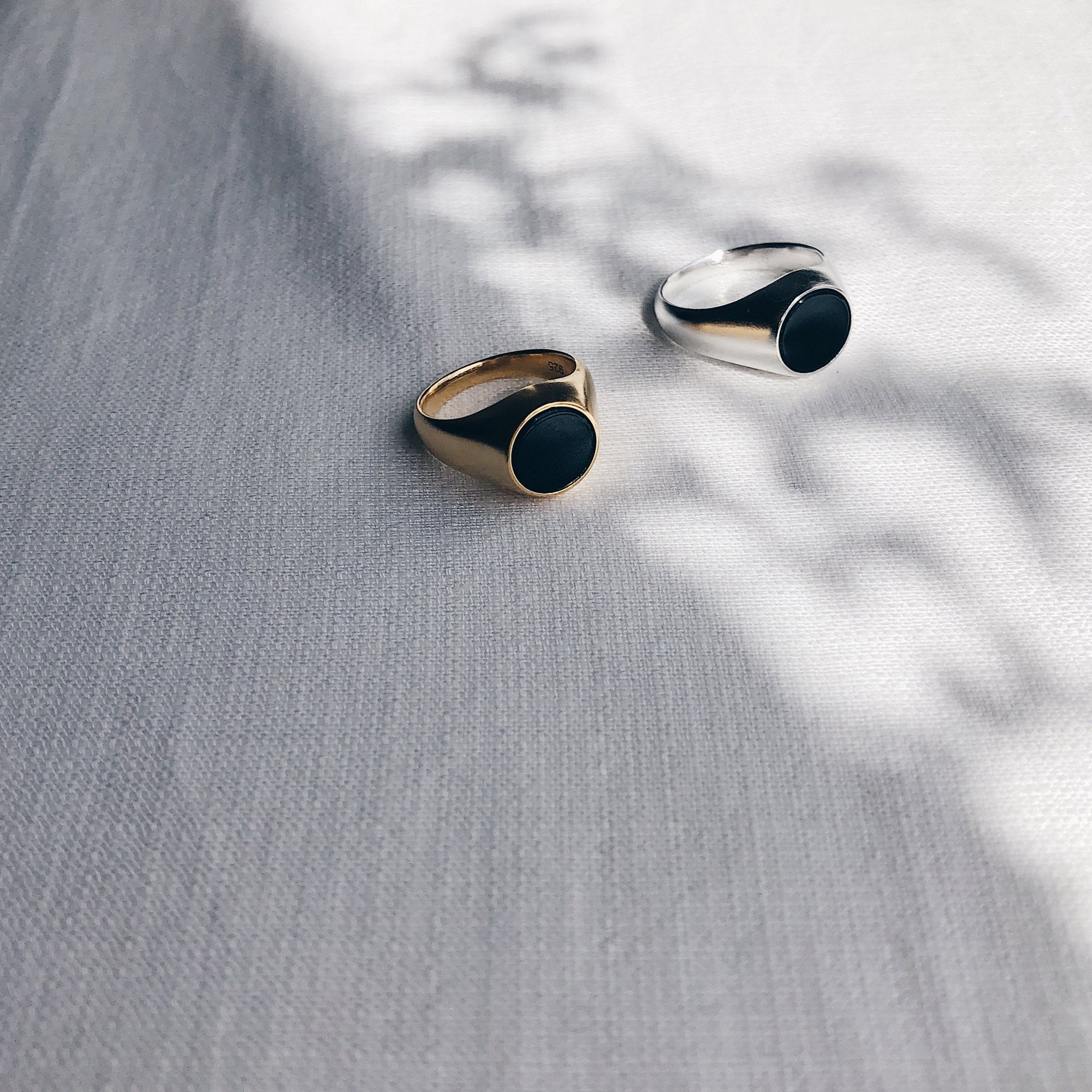 &#39;Olinda&#39; Black Onyx Signet Ring | 18K Gold Plated &amp; Sterling Silver - Lines &amp; Current